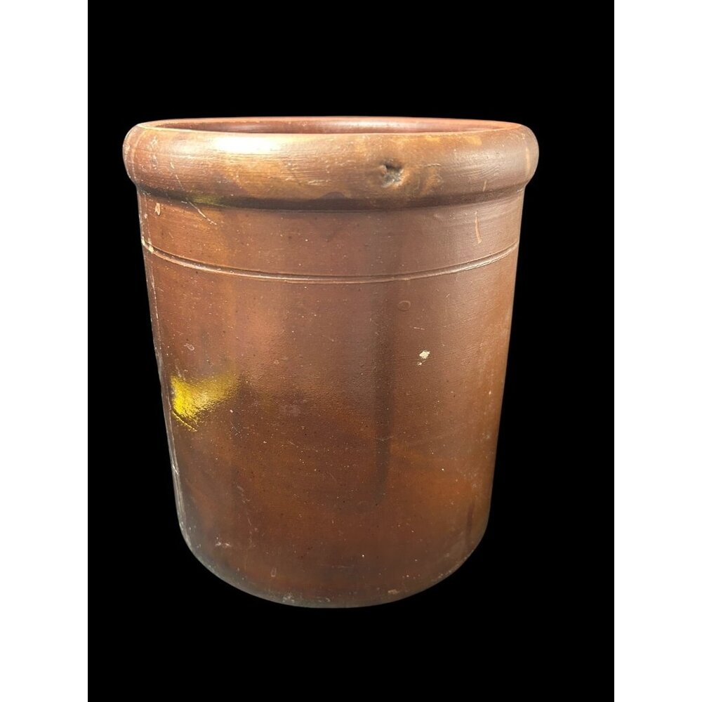 Vintage Large Red ware Storage Crock Primitive Farm House Incised Brown 8.75"
